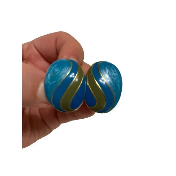 Vintage turquoise & gold enamel striped clip on earrings - 80s enamel clips‎ - Picture 3 of 8